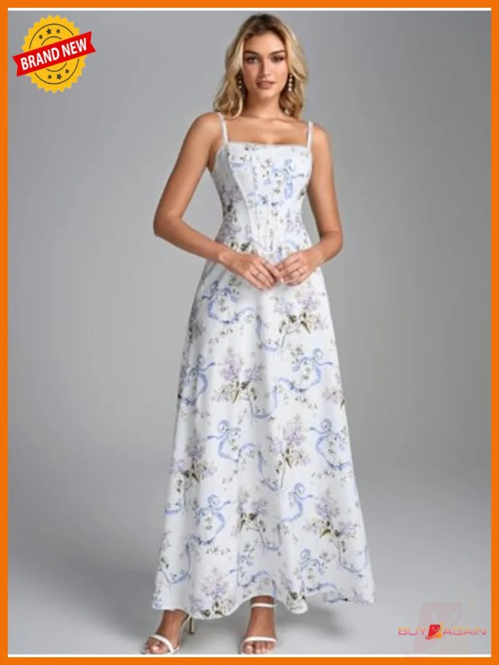 Corset Spaghetti Strap Floral Maxi Dress Square Neck Backless Formal